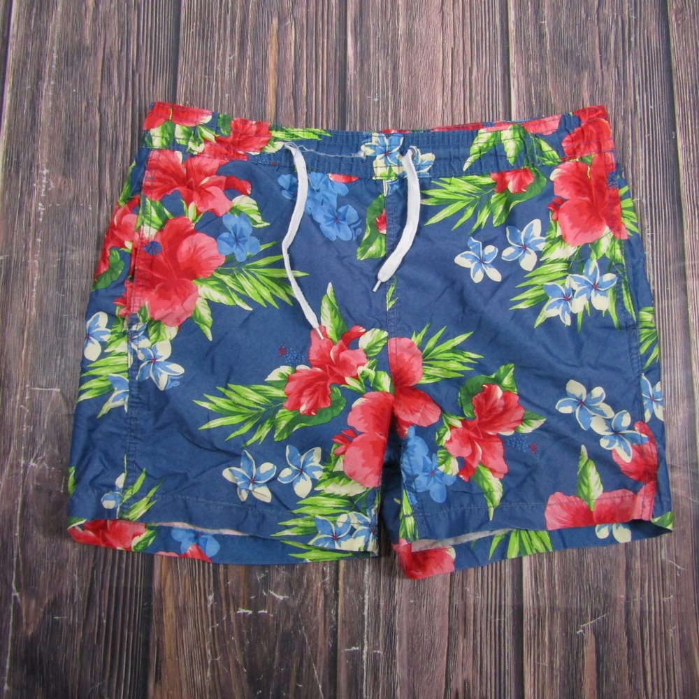 Kanu Surf Swim Trunks Mens Small Blue Red Tropical Floral Hibiscus Board Shorts